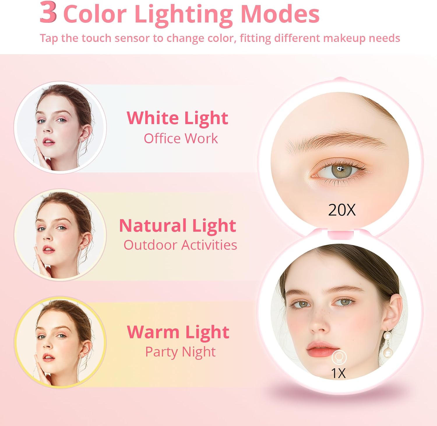 Fabuday Travel Compact Magnifying Makeup Mirror with Lights - Large 4.8'' Wide Led Lighted Portable Mirror with 1x/20x Magnification, Rechargeable Small Foldable 3 Color Lighting Mirrors, Pink