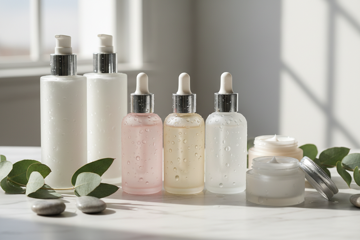 Skincare Essentials: Hydrating serums, gentle cleansers, and rejuvenating creams designed to bring out your skin’s natural luminosity. (make it real photo and no brand)